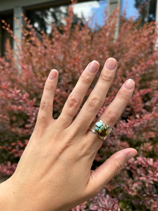 Labashan Turquoise Ring with Wide Hammered Band