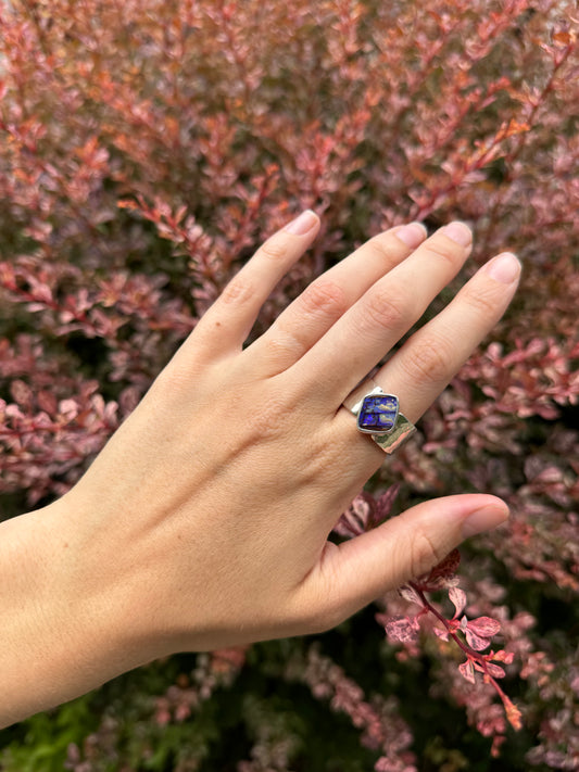 Australian Boulder Opal Ring with Wide Hammered Band